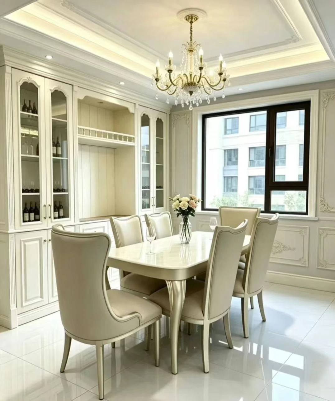 white dining table set with six chairs
