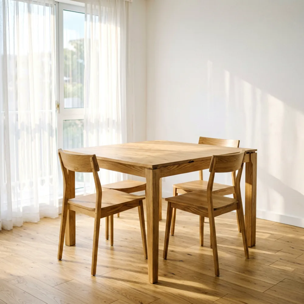 Light oak rectangular dining table in a bright HDB dining room with wooden chairs and morning sunlight
