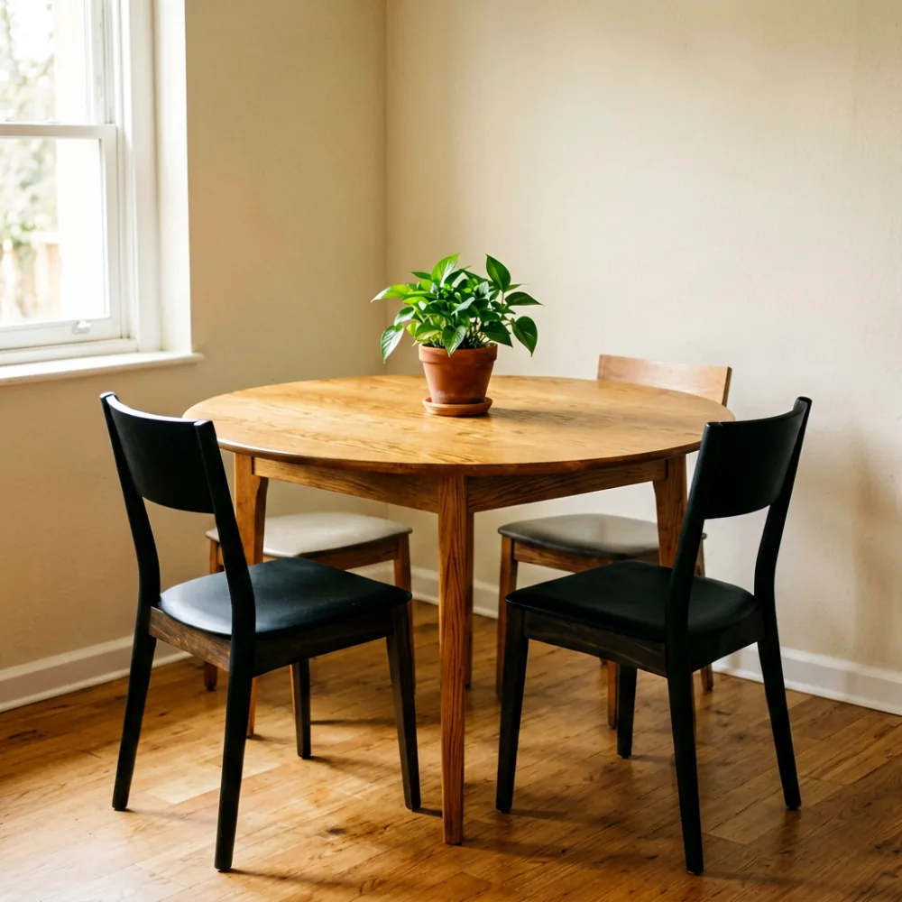 Round wooden dining table in a compact condo dining space with a single chair and potted plant