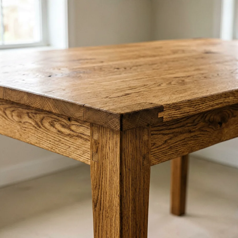 Close-up of solid wood dining table showing grain texture and joint craftsmanship in natural light