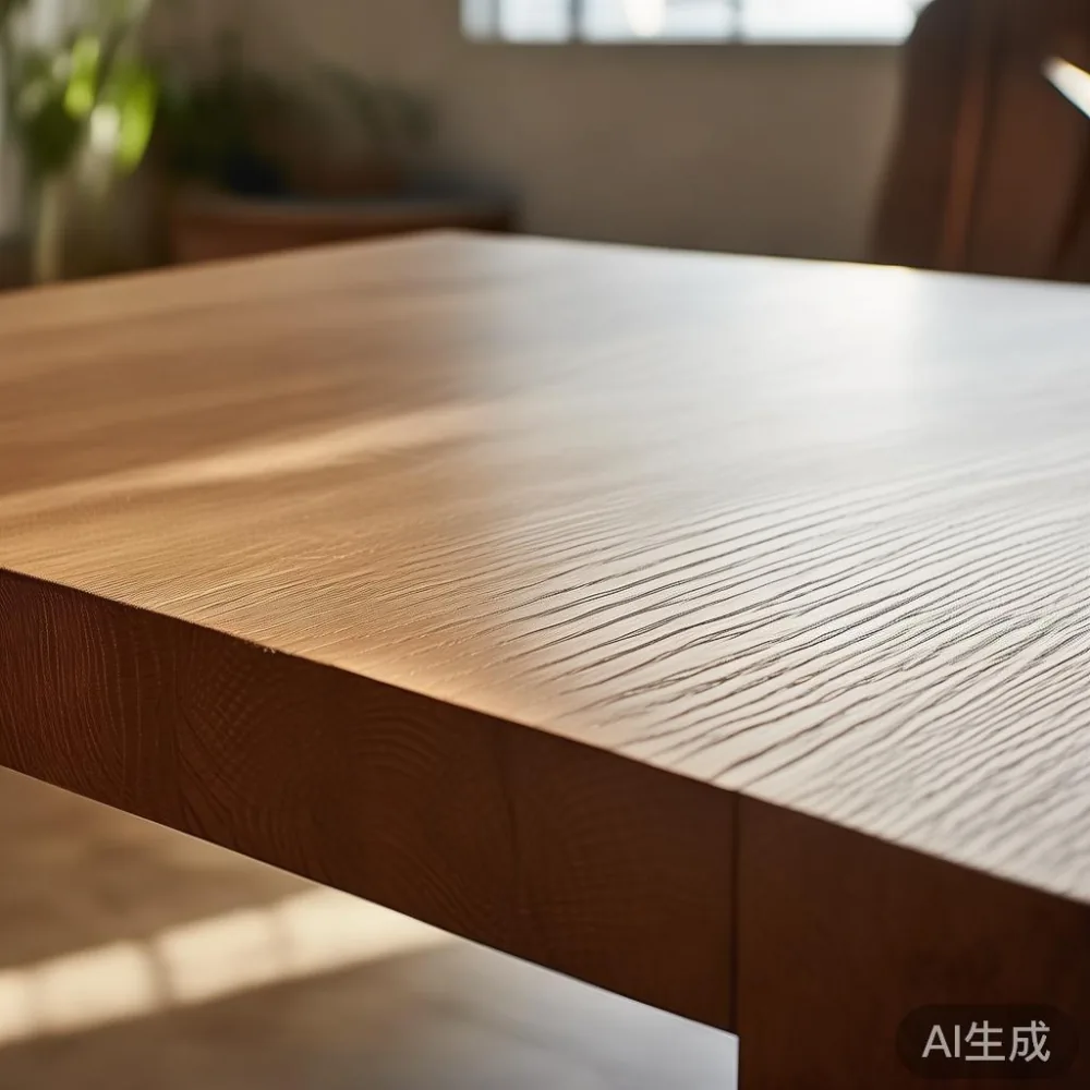 Close up of solid oak dining table edge finish