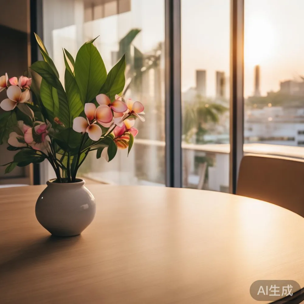 Round pedestal dining table in a small Singapore condo open-concept space
