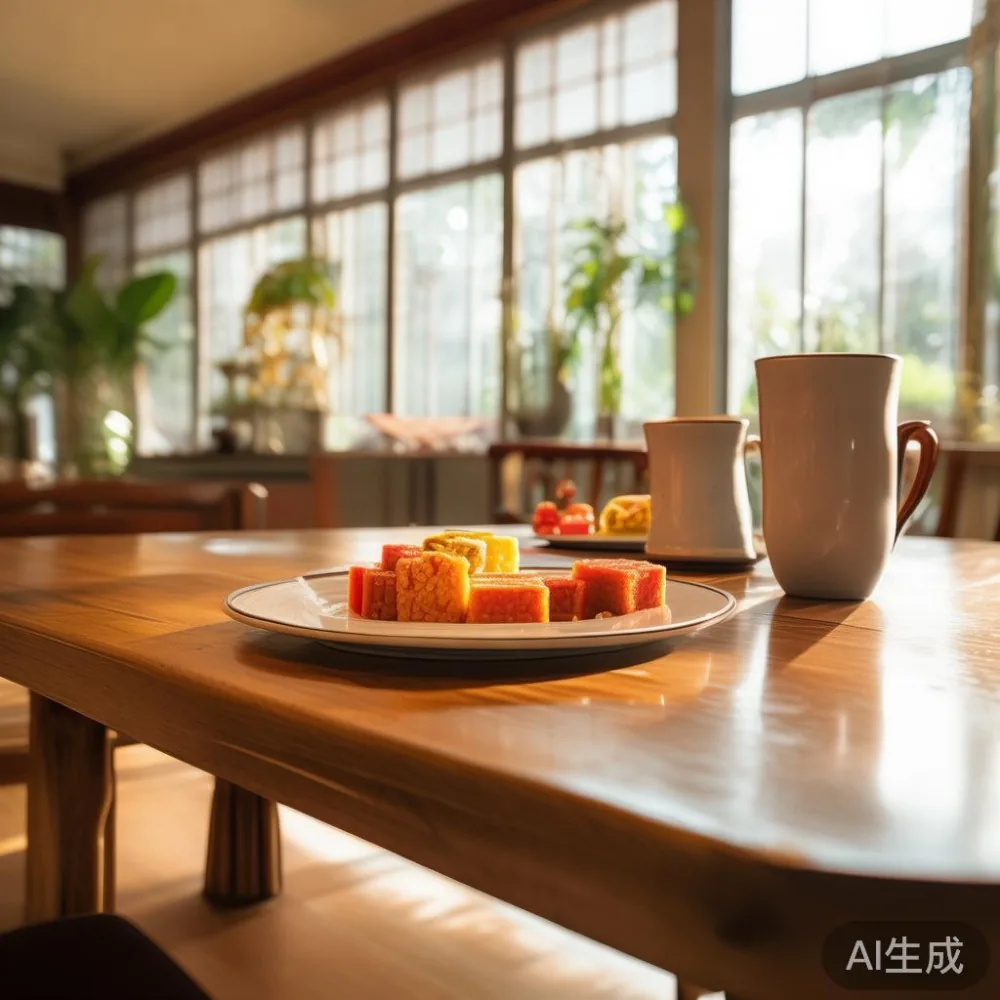 Extended solid wood dining table set with local snacks in a Singapore home