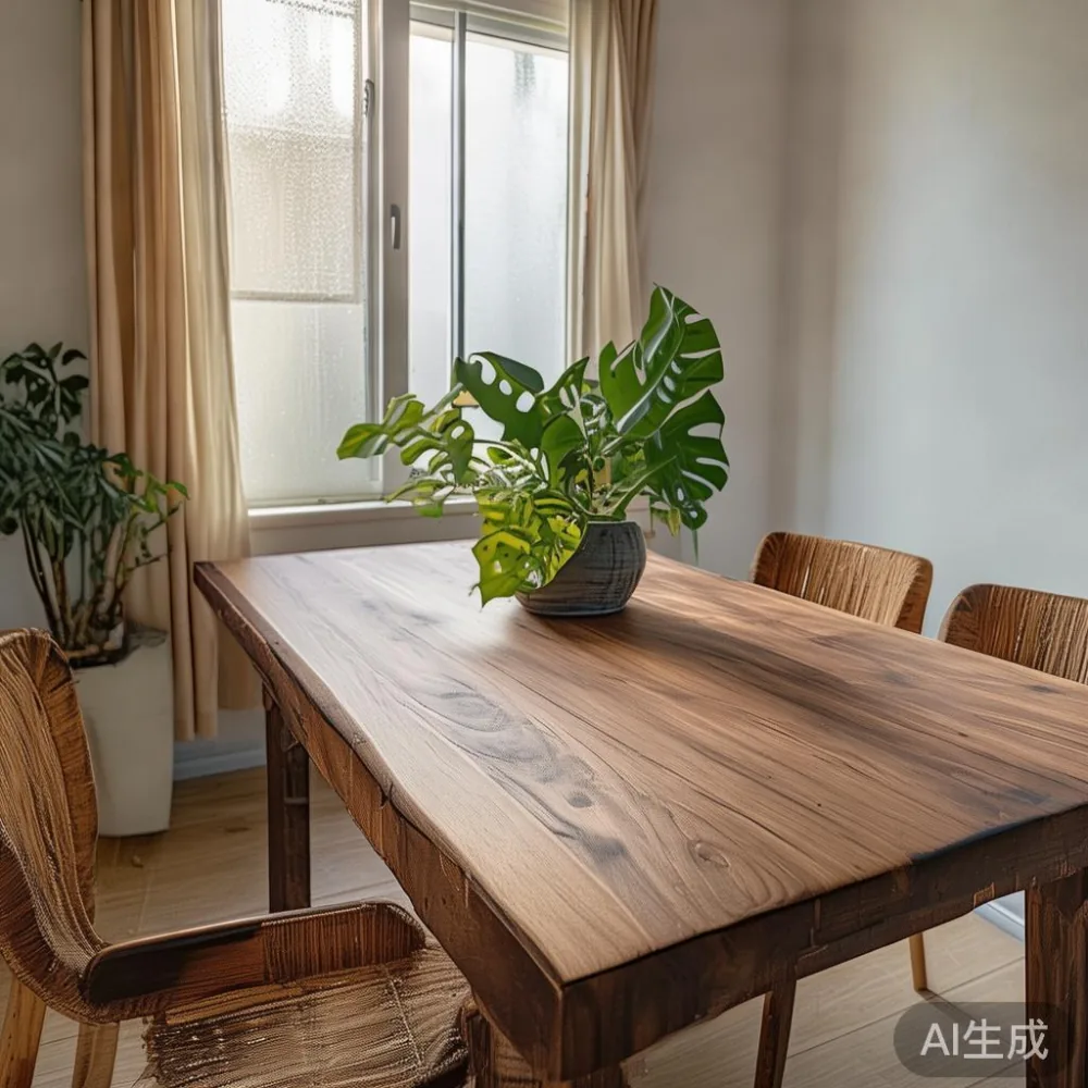 120cm solid wood rectangular dining table in a compact 3-room Singapore HDB dining nook with woven chairs and a small potted monstera