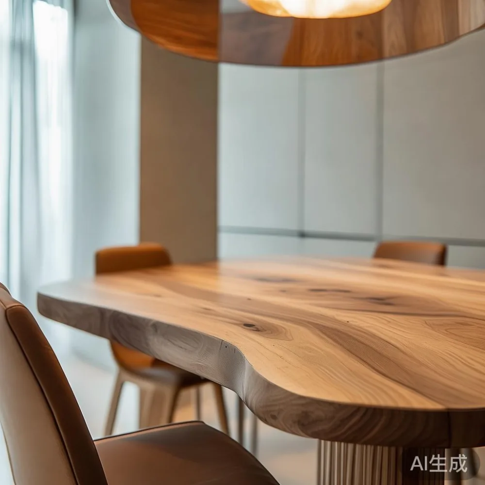 Custom solid wood dining table with rounded edges fitted around a structural column in a modern Singapore condo dining space