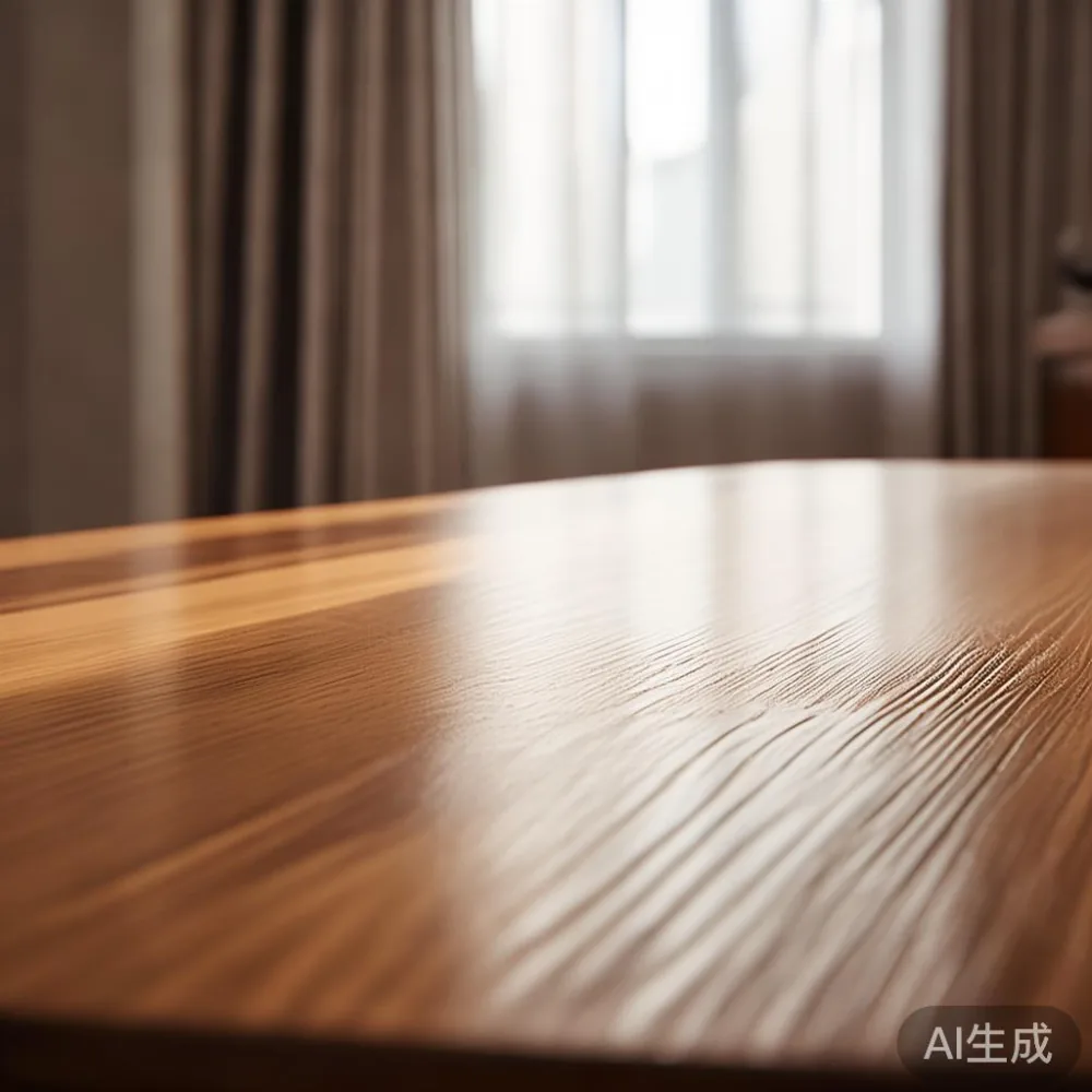 Close-up of sealed solid wood dining table edge near a HDB window with sheer curtains