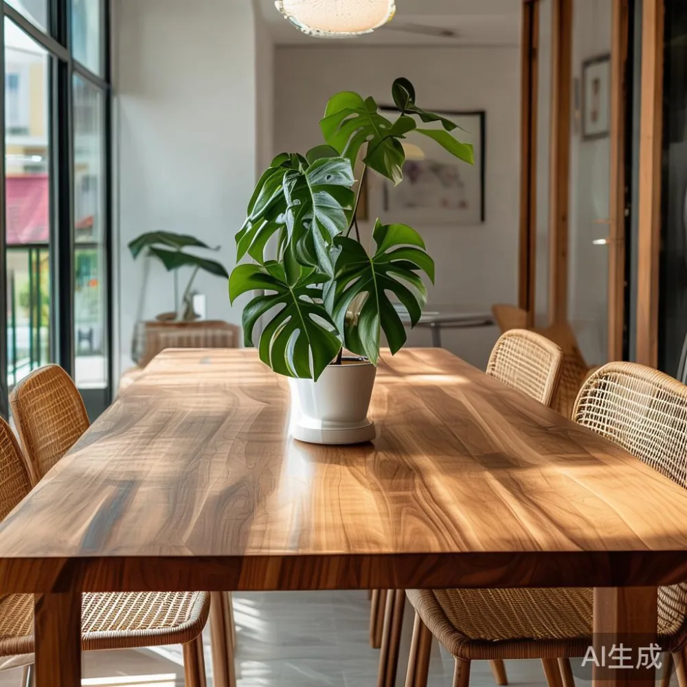 140cm solid acacia dining table in a sunlit 4-room HDB dining nook with rattan chairs