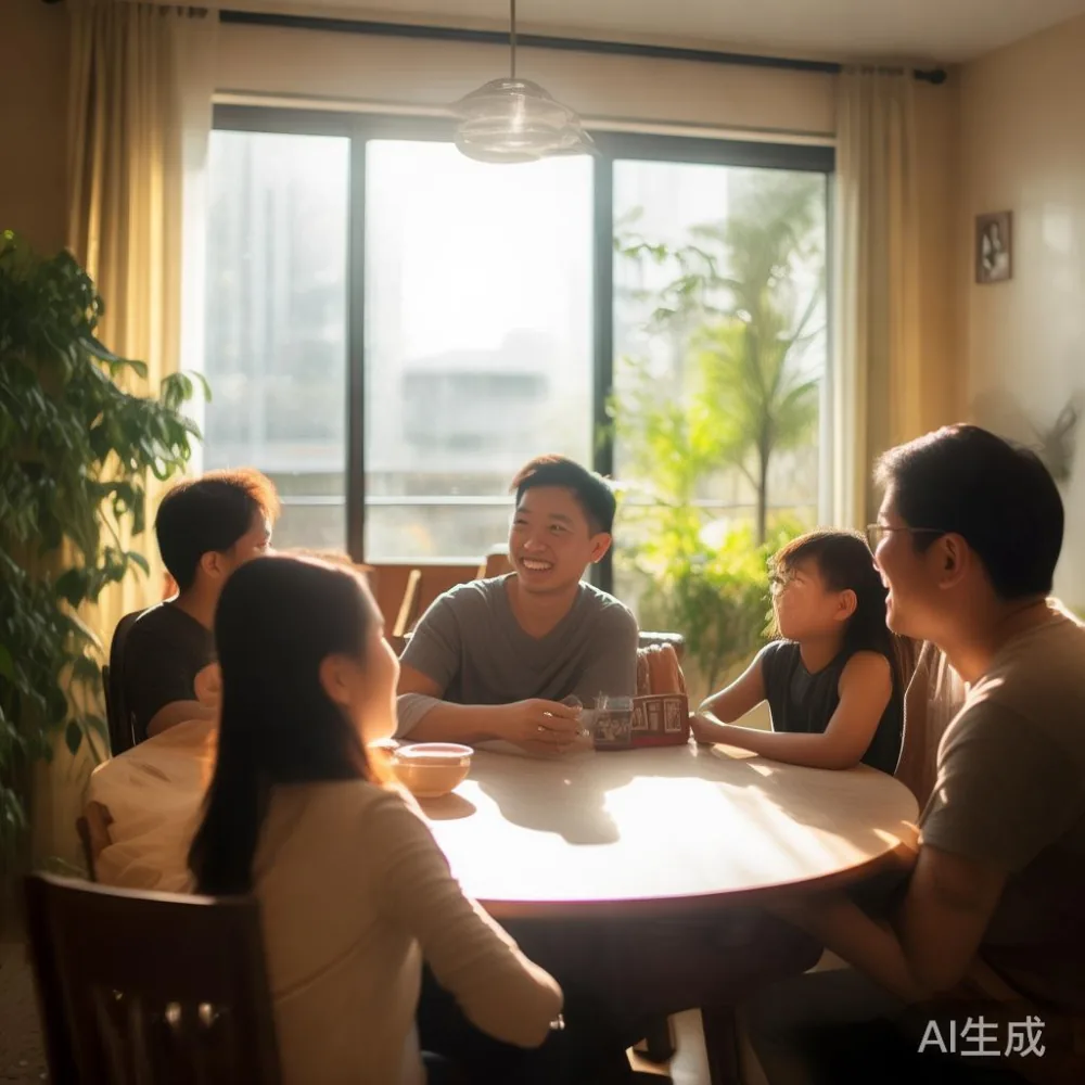 Family enjoying a meal around a round dining table in a Singapore HDB living room