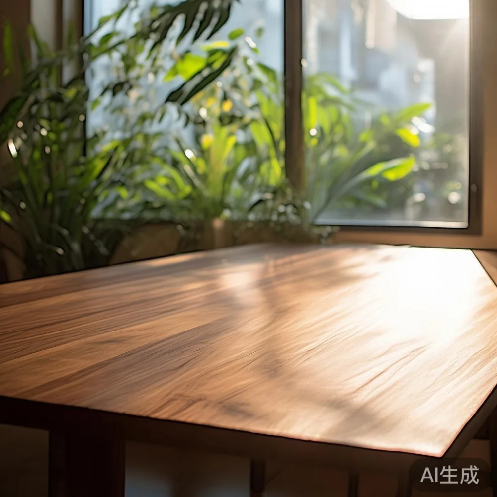 Solid wood dining table in Singapore HDB dining area with tropical plants