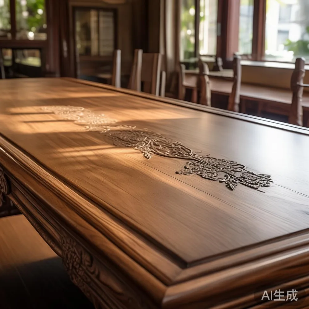 A traditional dining table with carvings in a Singaporean condominium