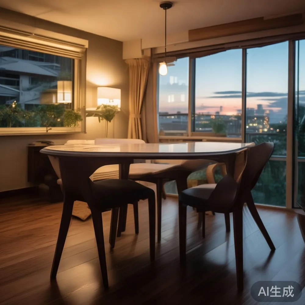 How to Choose the Right Size Dining Table for a Singapore HDB Living R — room setting at dusk with warm lamp light, film 