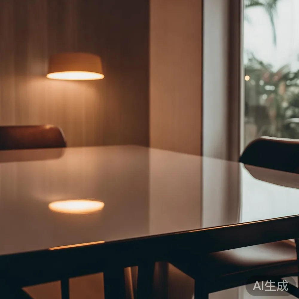 Caring for a Lacquered Dining Table in Singapore's Tropical Climate — room setting at dusk with warm lamp light, film